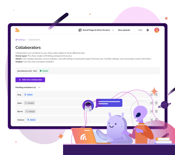 Collaborators management interface on RSS.com showing roles like creator, admin, and analyst with an option to add collaborators, accompanied by an illustration of characters working together.