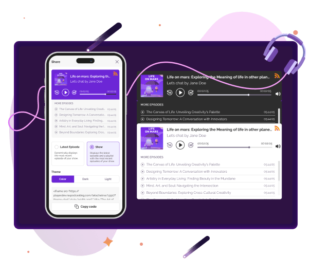 Embeddable podcast player interface on RSS.com, on both desktop and mobile, displaying episode details for ‘Life on Mars: Exploring the Meaning of Life in Other Planets,’ with options for sharing, customizing theme, and copying embed code for website integration.