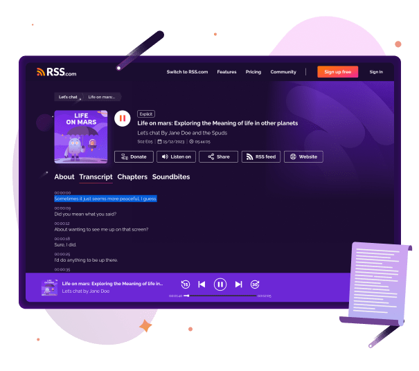 Episode transcripts feature on RSS.com showing a podcast page with AI-generated transcripts to boost visibility, SEO, and accessibility, offering free transcripts to podcasters to expand their reach.