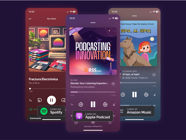 RSS.com logo at the center with major podcast platforms like YouTube, Spotify, Apple Podcasts and Amazon Music surrounding it, representing wide podcast distribution.