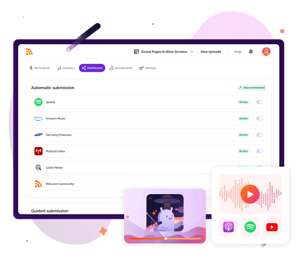 Podcast distribution dashboard showing automatic submission to major platforms like Spotify and YouTube, with features for distributing on YouTube using RSS.com’s PodViz technology.