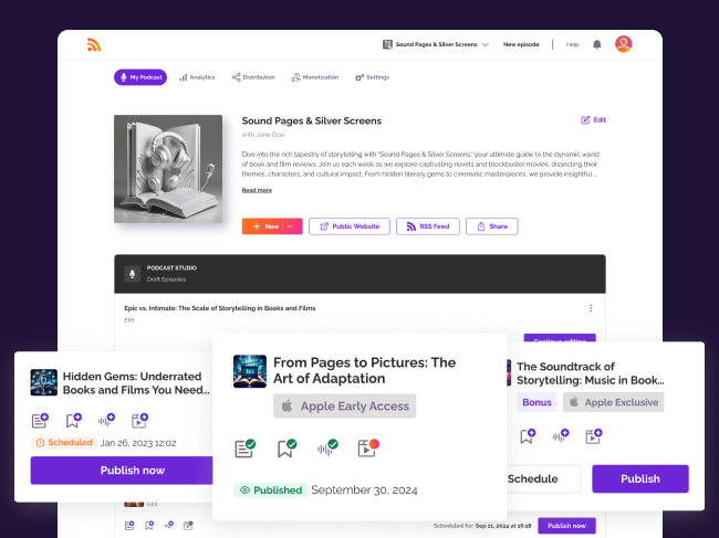 Podcast hosting interface highlighting episode management with options to publish, schedule, and promote episodes. Features include unlimited storage, publish Apple Exclusive and Early Access episodes, monetization, and audio-to-video conversion for YouTube Podcasts.