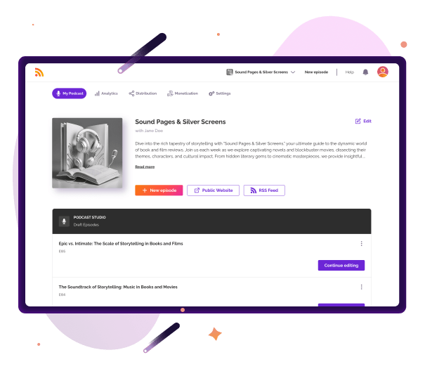 RSS.com podcast dashboard for Sound Pages & Silver Screens featuring book and film review content with options for episode editing, public website, and RSS feed episodes management.