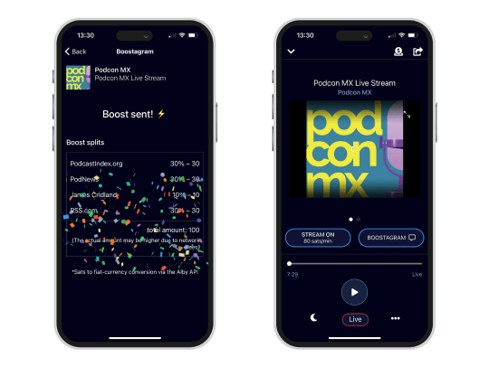 Boostagrams feature showing real-time Bitcoin payments for podcasters through RSS.com’s Value 4 Value system, displayed on mobile interfaces.