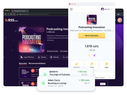 Alby integration with RSS.com showing Podcasting Innovation podcast page with options to send Satoshis and real-time Bitcoin transactions, supporting podcast growth through listener contributions.