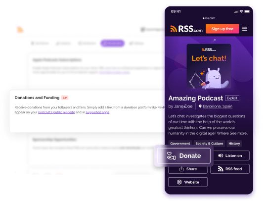 Donations feature on RSS.com showing a podcast page with a donation button, allowing listeners to contribute via PayPal, GoFundMe, or Patreon, making it easy for podcasters to receive support.