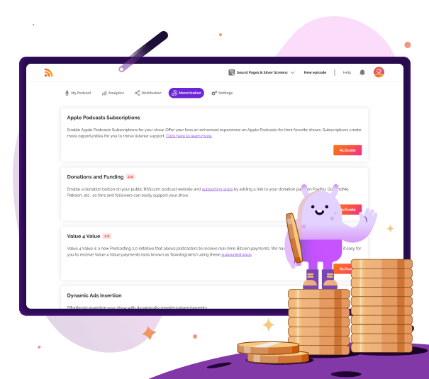Monetization dashboard for podcasts with options like Apple Podcast subscriptions, donations, and dynamic ad insertion, accompanied by an illustration of a character holding coins, promoting RSS.com’s monetization opportunities.