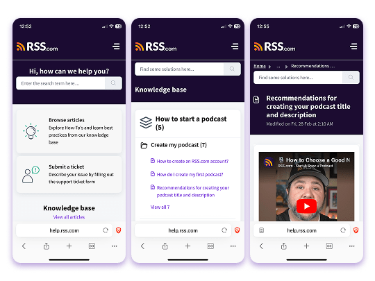 Three mobile screens showing RSS.com Knowledge Base home page
