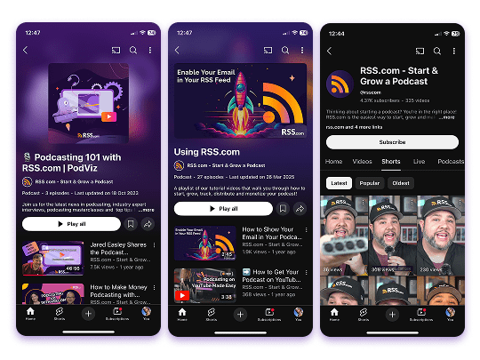 Three mobile screens showing RSS.com YouTube channel page