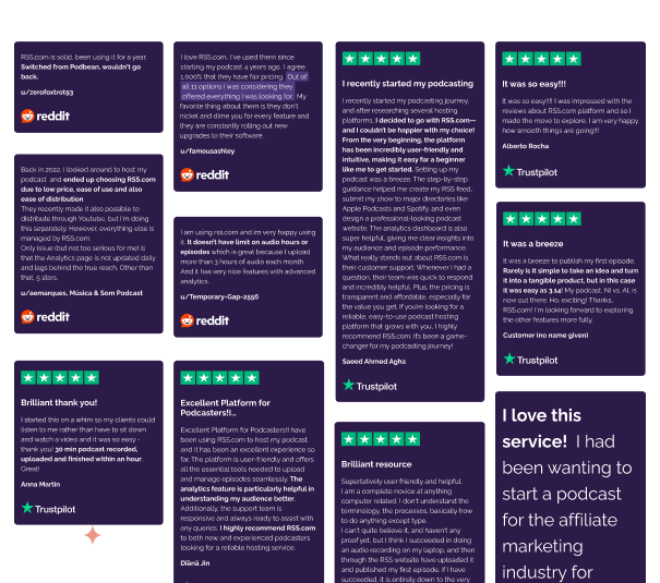 Collage of five-star customer reviews for RSS.com