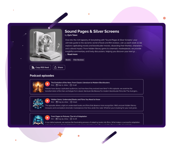 Podcast website feature on RSS.com showcasing a public website for the podcast ‘Sound Pages & Silver Screens’ with episode listings, allowing podcasters to create an optimized website for their show.