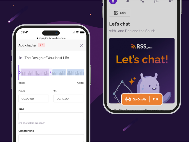 Mobile interface showcasing podcast episode chapter editing with time stamps, and a ‘Let’s Chat’ podcast with a ‘Go On Air’ button, highlighting podcast creation and live streaming features on RSS.com.