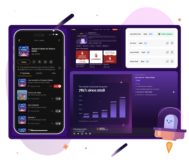 A wide range of podcasting 2.0 features. A podcaster going live through the Live Item Tag, donations via Value 4 Value, Podroll podcast recommendations, and rich podcast episode chapters.