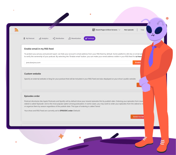 Podcast settings dashboard on RSS.com showing options to enable email in RSS feed, specify a custom website, and adjust episode order, with an illustration of a character in a suit standing next to the interface.