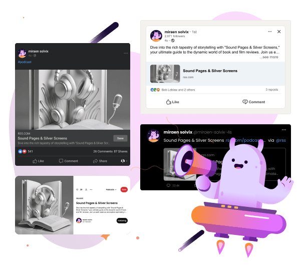 Social media sharing of podcast links across multiple platforms, featuring a ‘Sound Pages & Silver Screens’ podcast shared on Facebook, Twitter, and Instagram, with an illustration of a character using a megaphone.